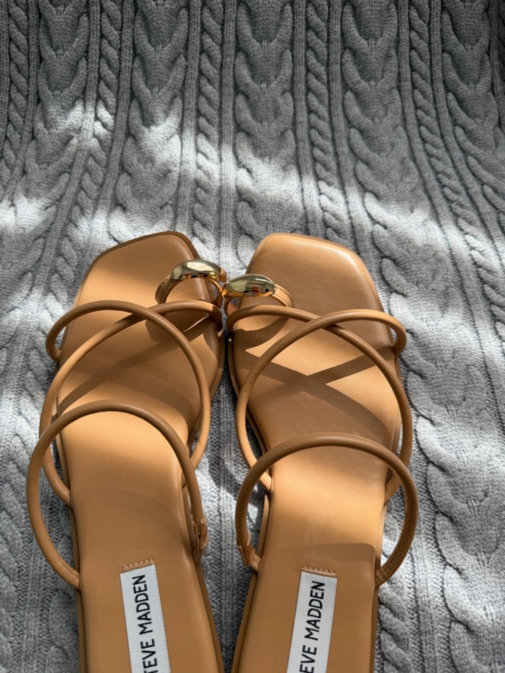 Steve Madden Tan Strappy Slide Sandals with Gold Accent Detail - Picture 5 of 6